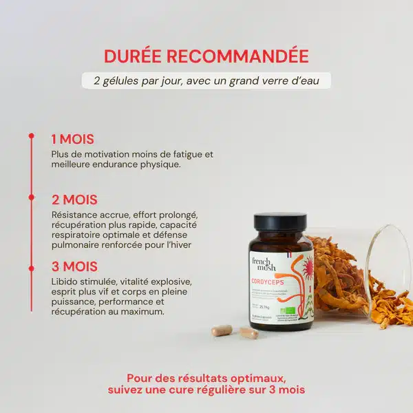 Boîte de Cordyceps French Mush bio en gélules, champignon adaptogène pour l'énergie et l'endurance physique, testé sur six semaines par une utilisatrice non sportive intensive