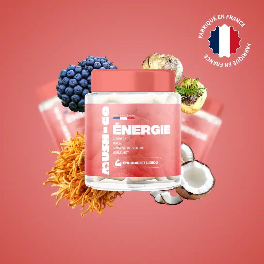 Boîte de gélules Energie Mush n Go à base de Cordyceps Ginseng de Sibérie et Maca, complément naturel pour l'énergie l'endurance et la vitalité physique, résultat d'un test sur quatre semaines