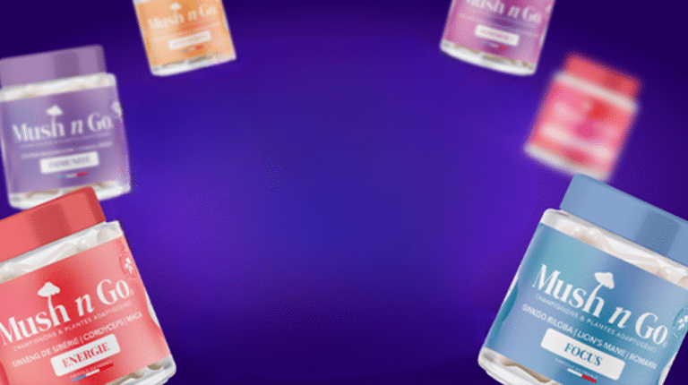 Code promo Mush n Go UCEP15 affiché sur fond violet avec les boîtes de gélules Focus Energie Anti-Stress Sommeil et le sachet Brainstoorm Coffee, réduction de 15 pour cent sur toute la gamme sans minimum d'achat