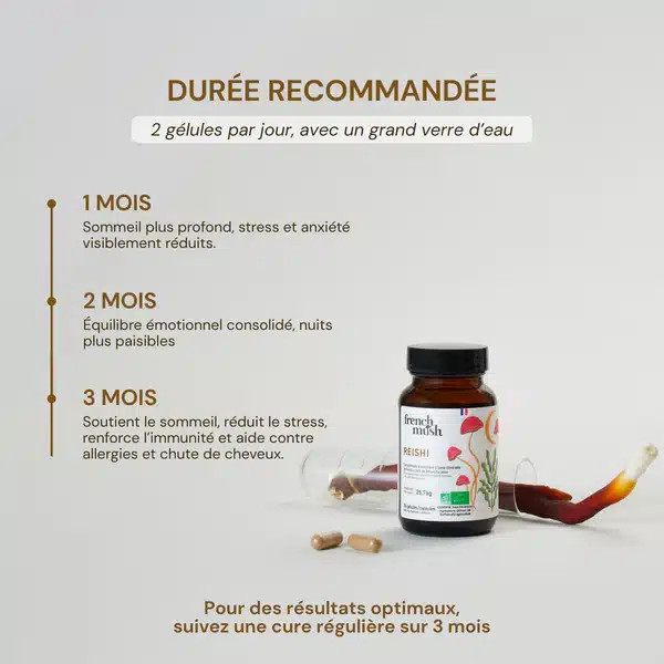 Gélules de Reishi French Mush Ganoderma lucidum bio posées sur une surface sombre, complément alimentaire pour le sommeil et la réduction du stress chronique, cure de 30 jours à 32 euros