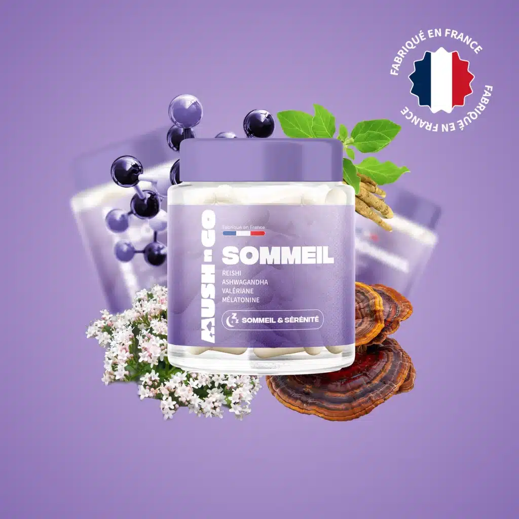 Boîte de gélules Sommeil+ Mush n Go avec Reishi Valériane Mélatonine et Ashwagandha, complément naturel pour l'endormissement et la réduction des réveils nocturnes, testé sur deux semaines avec résultats concrets