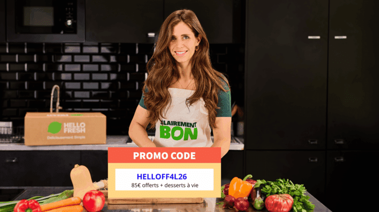 Ecran d’ordinateur affichant l’offre HelloFresh avec code HELLOFF4L26 appliqué et réduction de 85 euros sur les premières box ainsi que dessert offert à vie