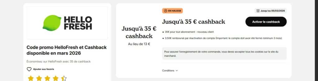 Interface iGraal affichant activation du cashback HelloFresh jusqu’à 35 euros avant validation d’une commande