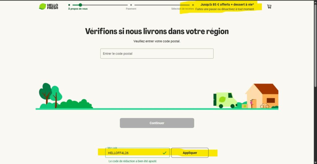 Illustration montrant la répartition de la réduction de 85 euros sur quatre livraisons HelloFresh avec montant déduit progressivement