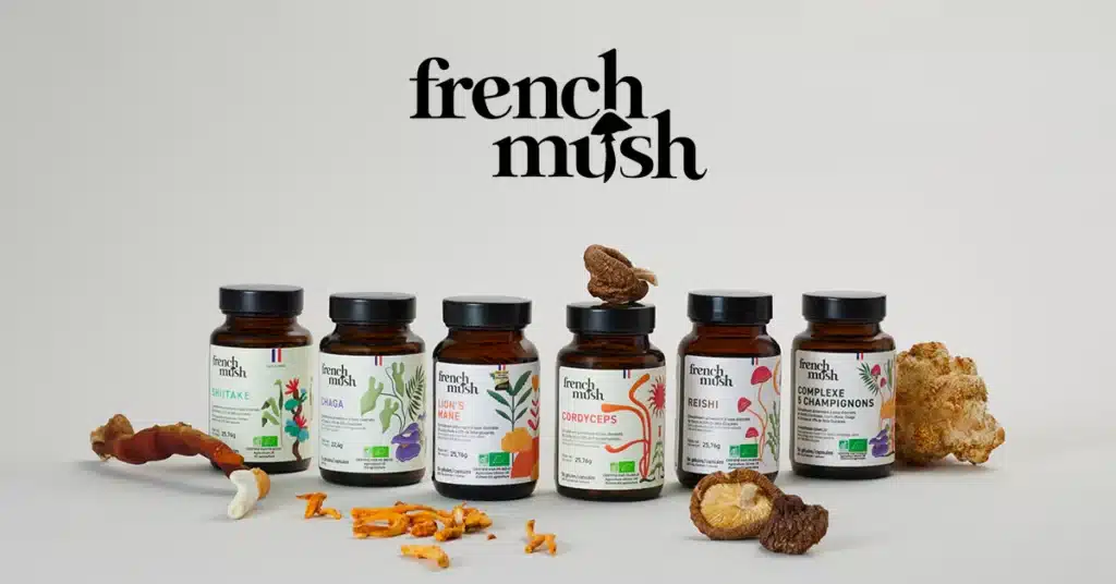 Gamme de gélules monoproduit French Mush alignées : Lion's Mane Reishi Cordyceps Chaga et Complexe 5 champignons, marque française avec extraction aux ultrasons à 92 pour cent de biodisponibilité et certification bio
