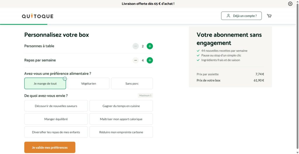 Interface de sélection des objectifs alimentaires lors de l'inscription à Quitoque, montrant les six options de personnalisation disponibles pour trier les recettes de la semaine selon les besoins nutritionnels et le mode de vie de l'utilisateur