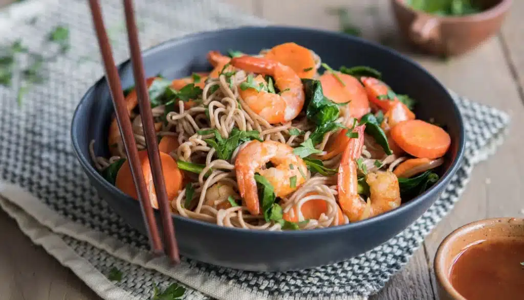  Recette de cuisine du monde Quitoque co-conçue avec le chef Philippe Etchebest, présentant des ingrédients issus de la cuisine asiatique ou méditerranéenne avec la fiche recette illustrée et le niveau de difficulté indiqué, dans le cadre de l'objectif découvrir de nouvelles saveurs