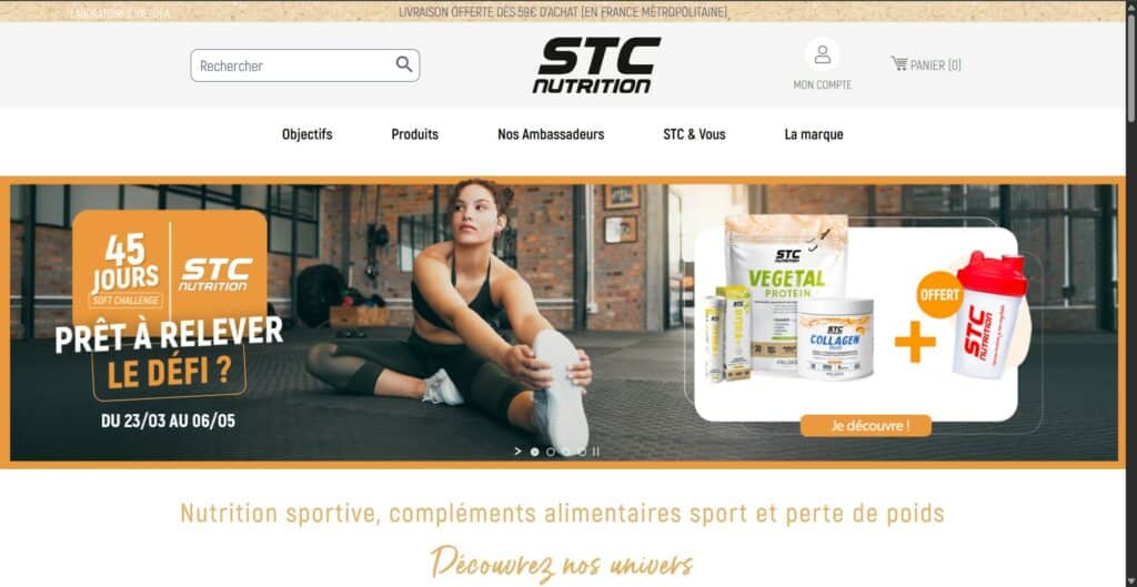 Rayon de pharmacie ou parapharmacie avec plusieurs produits STC Nutrition visibles en linéaire, image illustrant les points de vente de la marque en France, pharmacies parapharmacies Decathlon i-Run et site officiel stc-nutrition.fr pour acheter No Cramp Collagen Duo et Premium Whey, livraison offerte dès 59 euros sur le site officiel, double canal de distribution pharmacie et grande enseigne sportive comme signal de qualité et de traçabilité de la marque française STC Nutrition Ineldéa