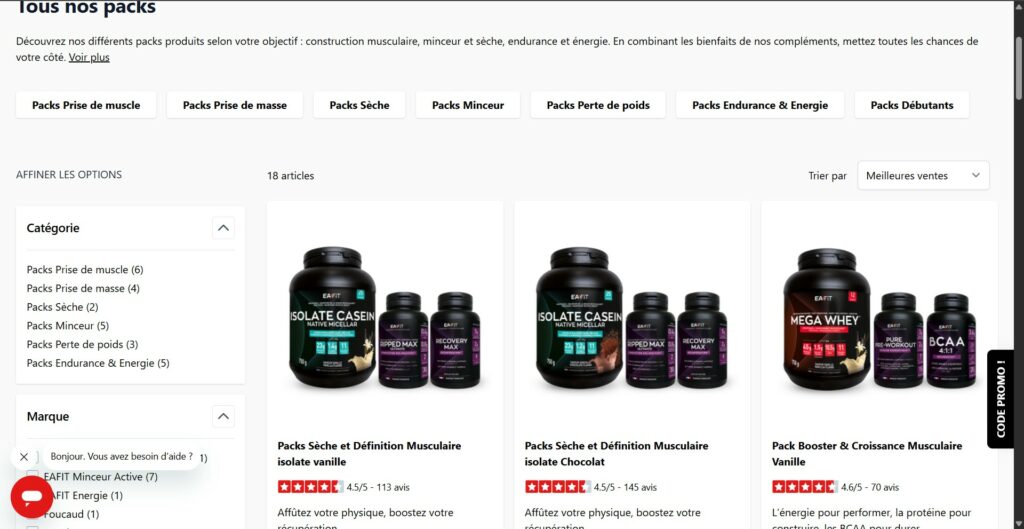 Plusieurs produits EAFIT alignés sur une surface illustrant les packs thématiques disponibles sur le site eafit.com, packs Prise de Muscle Sèche Minceur et Perte de Poids permettant de combiner Pure Whey BCAA et Pure Créatine à tarif réduit, image pour illustrer le rapport qualité prix de la marque EAFIT et la solution la plus économique pour tester plusieurs compléments alimentaires de la gamme musculation et minceur en une seule commande avec livraison offerte dès 49 euros