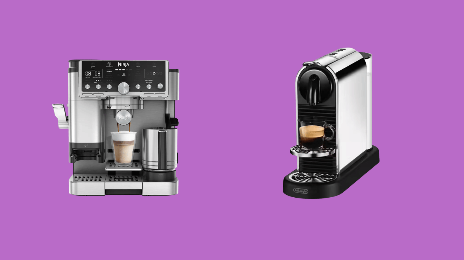 Alt text : Comparatif entre la Ninja Luxe Café Pro ES701EU en argent et noir et une machine Nespresso Citiz Platinium compacte posées côte à côte sur un plan de travail, illustrant le choix entre café en grains avec broyeur intégré et café en capsules aluminium