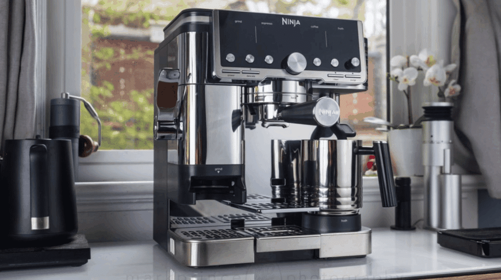 La Ninja Luxe Café Pro ES701EU vue de trois quarts sur un plan de travail de cuisine, avec le portafilter installé dans la tête de groupe, le pichet à lait sur sa plateforme à droite et la trémie à grains visible sur le dessus de la machine