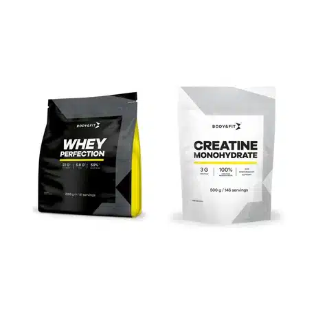 Quatre produits Body & Fit alignés avec classement par ordre de priorité, Creapure Créatine en premier comme meilleur rapport qualité prix européen pour ce label AlzChem, Whey Perfection en deuxième pour sa composition honnête et ses valeurs nutritionnelles vérifiées par Eurofins, Protein Drink en troisième pour usage conditionnel en déplacement uniquement, 24hr Fatburn en quatrième réservé aux personnes supprimant les autres sources de caféine et suivant un programme sportif actif, image de verdict final de l'avis Body & Fit après huit mois de test compléments alimentaires France Belgique