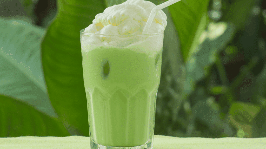 Einspänner matcha dans un verre transparent avec couche de chantilly maison et saupoudrage de poudre de matcha