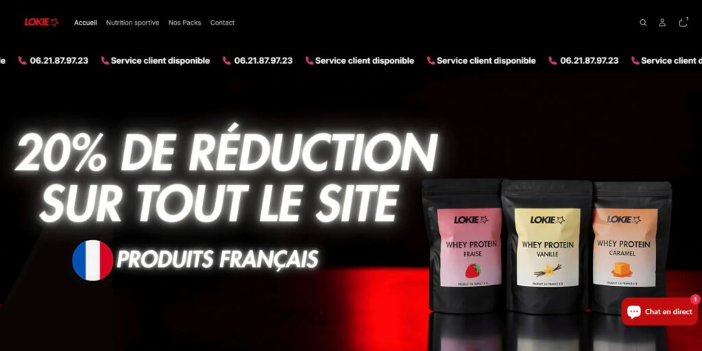 Capture d'écran du site Lokie.fr affichant une promotion de -20% en cours sur les produits de la marque, whey protein et créatine monohydrate, réduction visible directement sur la page boutique