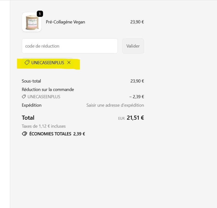 le code promo argalys appliqué dans le panier
