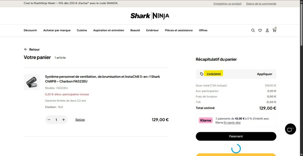 le code promo sur le Shark Chillpill appliqué au panier !