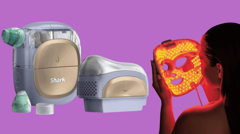 Comparatif appareils soin du visage Shark : CryoGlow masque LED et FacialPro Glow hydrofacial côte à côte
