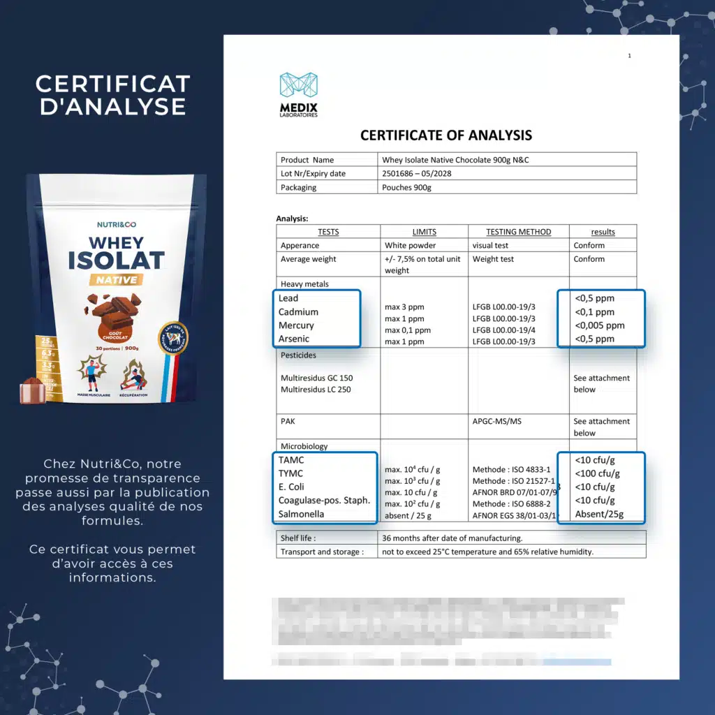 Étiquette de composition et certificat d'analyse de la Whey Isolate Native Nutri&Co