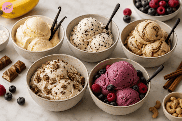 Cinq glaces protéinées maison préparées au Ninja Creami, Deluxe et Swirl
