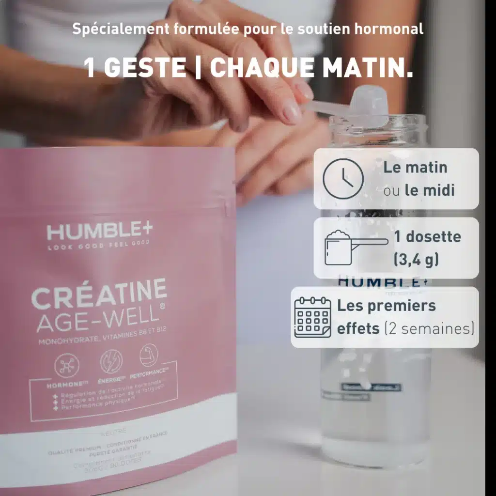 Posologie et format de la créatine Humble+ Age-Well en poudre. 360 g pour environ 4 mois de cure à 3 g par jour. Poudre ultra-fine sans goût ni odeur, dissolution complète dans n'importe quelle boisson. Demi-dosette fournie dans le pot. Prix 44,90€ réduit à 38,17€ avec le code promo UCEP15.