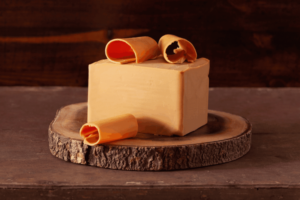 Bloc de brunost posé sur une table de petit-déjeuner norvégien, à côté de pain complet et de confiture