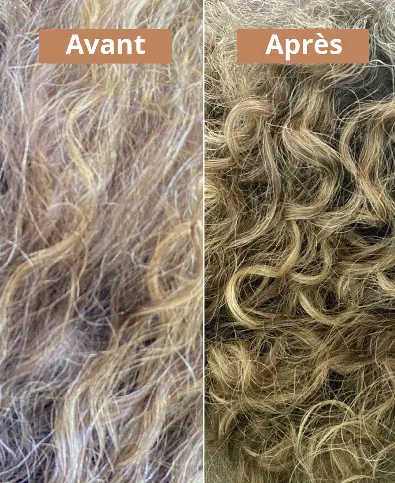 mes cheveux bouclés colorés au henné, photographiés secs après le lavage, montrant des reflets toujours vifs après trois mois d’utilisation régulière du shampoing à l’huile de brocoli.