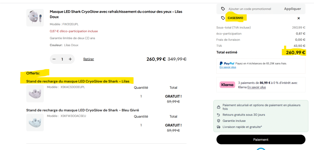 Capture d'écran de la fiche produit du CryoGlow sur le site officiel SharkNinja, où le prix soldé à 289,99 € s'affiche automatiquement avant même la saisie d'un code promo. C'est cette étape que je décris dans l'article : le champ pour entrer CASESN10 se trouve juste après, dans le récapitulatif de commande, et fait descendre le total à 260,09 €. La capture aide à repérer visuellement où saisir le code au bon endroit.