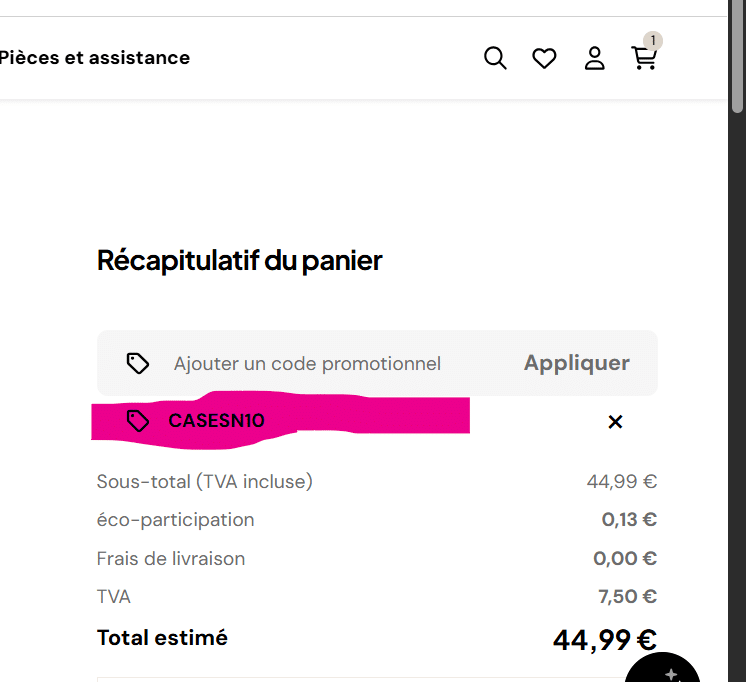 Capture d'écran du récapitulatif de commande du Slushi Twist, avec le champ où saisir CASESN10 juste avant de valider le paiement. C'est exactement l'étape que je décris dans l'article, celle où beaucoup de lecteurs cherchent le bon endroit pour entrer le code. J'ai refait la manipulation cette semaine pour vérifier que le champ apparaît bien dès l'ajout au panier.