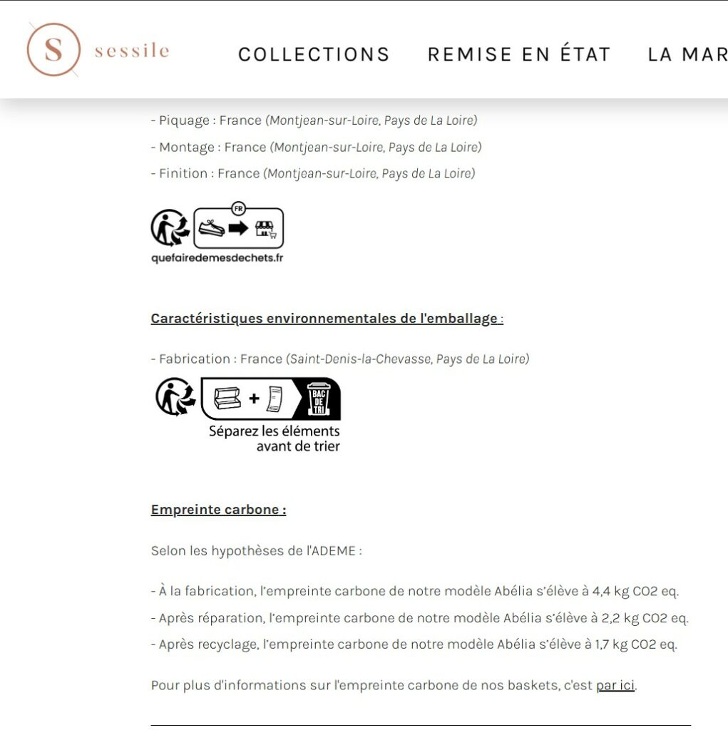 Capture du détail de l'empreinte carbone affichée sur la fiche produit Sessile, calculée selon les hypothèses de l'ADEME