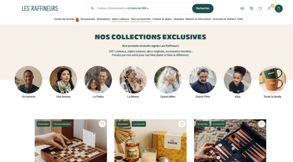 Le site classe ses objets par univers plutôt que par simple type de produit : art de la table, voyage, bureau, bien-être. Cette entrée par usage aide à trouver une idée même sans savoir exactement quel objet on cherche.