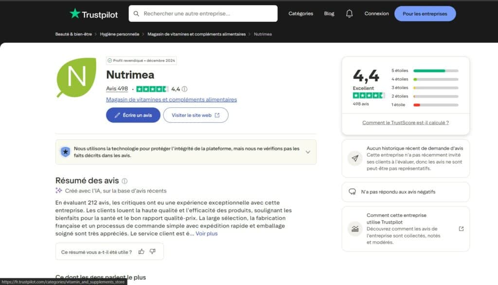 la page Trustpilot de Nutrimea ouverte sur mon ordinateur, un dimanche soir où j’ai comparé mon propre ressenti aux avis récents d’autres clientes avant d’écrire cet article.