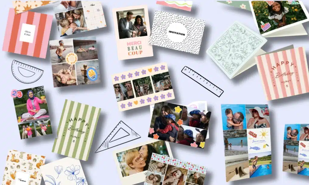L'application propose des centaines de modèles classés par occasion : voyage, anniversaire, fêtes, ou simplement carte libre pour une création entièrement personnelle.