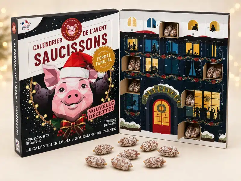 Chaque case dévoile un mini-saucisson différent, une découverte quotidienne qui change des calendriers chocolat classiques, aussi bien à s'offrir qu'à partager.
