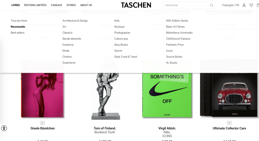 Le site classe les ouvrages par grand thème : photographie, architecture, mode, cinéma, mais aussi des collections plus insolites comme les coffrets de tarot ou les monographies de peintres.