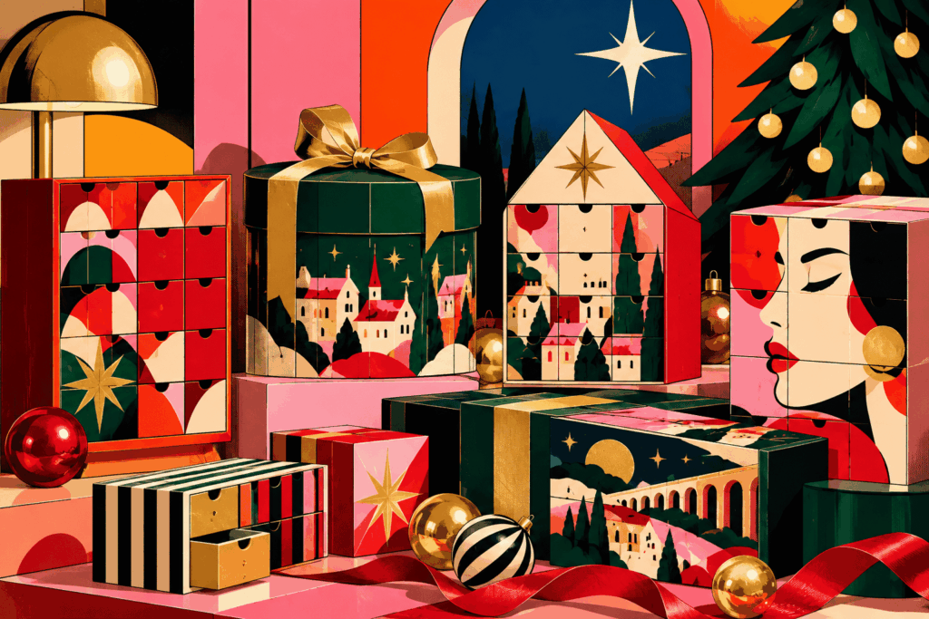 L’image, au format horizontal type bannière d’article, présente une scène de Noël très graphique inspirée du pop art et du design rétro, entièrement consacrée aux calendriers de l’Avent. La composition est particulièrement colorée et associe des tons rouge vif, rose, vert sapin, crème, noir, bleu profond et doré. Plusieurs calendriers de l’Avent aux formes et aux styles très différents sont disposés au premier plan et au centre de l’image, comme une grande sélection de modèles réunis pour Noël. L’ensemble évoque une collection généreuse de calendriers de l’Avent originaux, décoratifs et festifs. À gauche, un grand calendrier de l’Avent rectangulaire rouge est composé d’une multitude de petites cases carrées. Chaque case possède une petite encoche noire rappelant un tiroir à ouvrir jour après jour avant Noël. Les façades sont décorées de motifs graphiques abstraits dans des nuances de rouge, rose, crème, vert foncé et doré. Une grande étoile dorée apparaît notamment sur la partie inférieure du calendrier. Derrière celui-ci se trouve une lampe au design rétro avec un large abat-jour arrondi doré, qui apporte une lumière chaude à la scène. Au centre de l’image se trouve un imposant calendrier de l’Avent vert foncé, de forme arrondie, presque cylindrique. Il est entouré d’un large ruban doré terminé par un grand nœud sur le dessus, ce qui lui donne l’apparence d’un cadeau de Noël. Sa façade est illustrée d’un paysage hivernal stylisé avec de petites maisons aux façades claires et aux toits rouges, des arbres sombres et plusieurs étoiles dorées dans un ciel vert profond. À côté, un autre calendrier de l’Avent adopte la forme d’une maison. Son toit triangulaire rouge et crème est décoré d’une étoile dorée. Les différentes cases de sa façade composent elles aussi un paysage de village de Noël, avec des maisons, des arbres et des motifs géométriques. Sur la droite, un grand calendrier rectangulaire attire particulièrement le regard grâce à une illustration pop art représentant le profil stylisé d’un visage féminin. Le visage est construit à partir de grands aplats de crème, rose, rouge et noir. L’œil fermé, le sourcil noir et les lèvres rouges créent une esthétique très graphique rappelant les affiches illustrées rétro. Cette illustration est découpée par les différentes cases du calendrier de l’Avent, ce qui renforce son aspect original. Au premier plan, d’autres calendriers complètent la sélection. Un modèle horizontal présente des rayures verticales vert foncé, crème, rouge et doré avec plusieurs petits tiroirs. À proximité se trouve une boîte rose et rouge ornée d’une grande étoile dorée. Un grand coffret vert foncé traversé par un ruban doré occupe le centre de la composition. Devant lui, un autre calendrier rectangulaire est décoré d’un paysage nocturne dans lequel apparaissent une lune dorée, des collines, des maisons claires et un long aqueduc aux arches régulières. Plusieurs autres coffrets vert foncé, rouges et roses sont partiellement visibles autour de ces éléments principaux. La décoration de Noël se poursuit avec plusieurs boules disposées au premier plan. Certaines sont entièrement dorées et brillantes, tandis qu’une autre présente de larges rayures noires et crème. Une longue bande de ruban rouge traverse toute la partie basse de l’image en formant de grandes ondulations. Ces éléments renforcent l’impression d’une table de fête couverte de cadeaux et de calendriers de l’Avent prêts à être offerts ou ouverts pendant le mois de décembre. L’arrière-plan contribue également à créer une ambiance de Noël très forte. À droite, un grand sapin vert foncé occupe une partie importante de l’image. Ses branches sont décorées de boules de Noël dorées suspendues à différentes hauteurs. Derrière les calendriers apparaît une grande fenêtre en forme d’arche. Elle ouvre sur un ciel nocturne bleu profond dominé par une grande étoile claire à quatre branches. Quelques silhouettes sombres d’arbres apparaissent au loin. Les murs intérieurs sont composés de grands aplats de rose, orange, crème et noir, ce qui donne à la scène une atmosphère contemporaine et volontairement éloignée des représentations traditionnelles de Noël. Le style général mélange ainsi l’univers des fêtes de fin d’année avec une esthétique pop art très affirmée. Les contours noirs, les couleurs saturées, les formes géométriques, les contrastes importants et les touches dorées donnent à l’image une personnalité visuelle forte. Malgré le nombre important d’éléments présents, la composition reste structurée autour des différents calendriers de l’Avent. Chaque modèle possède une apparence différente : calendrier à tiroirs, calendrier en forme de maison, coffret rond, grand calendrier illustré ou boîte graphique. Cette diversité permet d’évoquer visuellement une large sélection de calendriers de l’Avent plutôt qu’un produit particulier. L’image ne comporte aucun texte, aucun logo et aucune adresse de site internet. Elle fonctionne comme une illustration éditoriale destinée à accompagner un article consacré à une grande sélection de calendriers de l’Avent. La variété des formes, des couleurs et des univers représentés suggère différents types de calendriers susceptibles de convenir à plusieurs goûts et styles. L’ambiance reste chaleureuse et festive grâce au sapin décoré, aux boules de Noël, aux étoiles, aux rubans, aux cadeaux et aux références graphiques à l’hiver. Cette illustration pop art de Noël met donc en scène de nombreux calendriers de l’Avent originaux réunis dans un décor festif, coloré et contemporain. Les calendriers rouges, roses, verts, crème et dorés sont présentés sous forme de coffrets, de maisons et de boîtes à tiroirs, avec des illustrations de villages de Noël, d’étoiles, de paysages et de motifs graphiques. Le sapin décoré de boules dorées, les cadeaux, les rubans rouges, les ornements brillants et la fenêtre donnant sur un ciel nocturne complètent cette scène pensée pour illustrer une sélection de calendriers de l’Avent pour Noël.