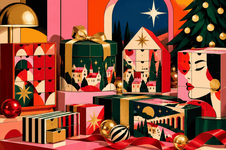 L’image, au format horizontal type bannière d’article, présente une scène de Noël très graphique inspirée du pop art et du design rétro, entièrement consacrée aux calendriers de l’Avent. La composition est particulièrement colorée et associe des tons rouge vif, rose, vert sapin, crème, noir, bleu profond et doré. Plusieurs calendriers de l’Avent aux formes et aux styles très différents sont disposés au premier plan et au centre de l’image, comme une grande sélection de modèles réunis pour Noël. L’ensemble évoque une collection généreuse de calendriers de l’Avent originaux, décoratifs et festifs. À gauche, un grand calendrier de l’Avent rectangulaire rouge est composé d’une multitude de petites cases carrées. Chaque case possède une petite encoche noire rappelant un tiroir à ouvrir jour après jour avant Noël. Les façades sont décorées de motifs graphiques abstraits dans des nuances de rouge, rose, crème, vert foncé et doré. Une grande étoile dorée apparaît notamment sur la partie inférieure du calendrier. Derrière celui-ci se trouve une lampe au design rétro avec un large abat-jour arrondi doré, qui apporte une lumière chaude à la scène. Au centre de l’image se trouve un imposant calendrier de l’Avent vert foncé, de forme arrondie, presque cylindrique. Il est entouré d’un large ruban doré terminé par un grand nœud sur le dessus, ce qui lui donne l’apparence d’un cadeau de Noël. Sa façade est illustrée d’un paysage hivernal stylisé avec de petites maisons aux façades claires et aux toits rouges, des arbres sombres et plusieurs étoiles dorées dans un ciel vert profond. À côté, un autre calendrier de l’Avent adopte la forme d’une maison. Son toit triangulaire rouge et crème est décoré d’une étoile dorée. Les différentes cases de sa façade composent elles aussi un paysage de village de Noël, avec des maisons, des arbres et des motifs géométriques. Sur la droite, un grand calendrier rectangulaire attire particulièrement le regard grâce à une illustration pop art représentant le profil stylisé d’un visage féminin. Le visage est construit à partir de grands aplats de crème, rose, rouge et noir. L’œil fermé, le sourcil noir et les lèvres rouges créent une esthétique très graphique rappelant les affiches illustrées rétro. Cette illustration est découpée par les différentes cases du calendrier de l’Avent, ce qui renforce son aspect original. Au premier plan, d’autres calendriers complètent la sélection. Un modèle horizontal présente des rayures verticales vert foncé, crème, rouge et doré avec plusieurs petits tiroirs. À proximité se trouve une boîte rose et rouge ornée d’une grande étoile dorée. Un grand coffret vert foncé traversé par un ruban doré occupe le centre de la composition. Devant lui, un autre calendrier rectangulaire est décoré d’un paysage nocturne dans lequel apparaissent une lune dorée, des collines, des maisons claires et un long aqueduc aux arches régulières. Plusieurs autres coffrets vert foncé, rouges et roses sont partiellement visibles autour de ces éléments principaux. La décoration de Noël se poursuit avec plusieurs boules disposées au premier plan. Certaines sont entièrement dorées et brillantes, tandis qu’une autre présente de larges rayures noires et crème. Une longue bande de ruban rouge traverse toute la partie basse de l’image en formant de grandes ondulations. Ces éléments renforcent l’impression d’une table de fête couverte de cadeaux et de calendriers de l’Avent prêts à être offerts ou ouverts pendant le mois de décembre. L’arrière-plan contribue également à créer une ambiance de Noël très forte. À droite, un grand sapin vert foncé occupe une partie importante de l’image. Ses branches sont décorées de boules de Noël dorées suspendues à différentes hauteurs. Derrière les calendriers apparaît une grande fenêtre en forme d’arche. Elle ouvre sur un ciel nocturne bleu profond dominé par une grande étoile claire à quatre branches. Quelques silhouettes sombres d’arbres apparaissent au loin. Les murs intérieurs sont composés de grands aplats de rose, orange, crème et noir, ce qui donne à la scène une atmosphère contemporaine et volontairement éloignée des représentations traditionnelles de Noël. Le style général mélange ainsi l’univers des fêtes de fin d’année avec une esthétique pop art très affirmée. Les contours noirs, les couleurs saturées, les formes géométriques, les contrastes importants et les touches dorées donnent à l’image une personnalité visuelle forte. Malgré le nombre important d’éléments présents, la composition reste structurée autour des différents calendriers de l’Avent. Chaque modèle possède une apparence différente : calendrier à tiroirs, calendrier en forme de maison, coffret rond, grand calendrier illustré ou boîte graphique. Cette diversité permet d’évoquer visuellement une large sélection de calendriers de l’Avent plutôt qu’un produit particulier. L’image ne comporte aucun texte, aucun logo et aucune adresse de site internet. Elle fonctionne comme une illustration éditoriale destinée à accompagner un article consacré à une grande sélection de calendriers de l’Avent. La variété des formes, des couleurs et des univers représentés suggère différents types de calendriers susceptibles de convenir à plusieurs goûts et styles. L’ambiance reste chaleureuse et festive grâce au sapin décoré, aux boules de Noël, aux étoiles, aux rubans, aux cadeaux et aux références graphiques à l’hiver. Cette illustration pop art de Noël met donc en scène de nombreux calendriers de l’Avent originaux réunis dans un décor festif, coloré et contemporain. Les calendriers rouges, roses, verts, crème et dorés sont présentés sous forme de coffrets, de maisons et de boîtes à tiroirs, avec des illustrations de villages de Noël, d’étoiles, de paysages et de motifs graphiques. Le sapin décoré de boules dorées, les cadeaux, les rubans rouges, les ornements brillants et la fenêtre donnant sur un ciel nocturne complètent cette scène pensée pour illustrer une sélection de calendriers de l’Avent pour Noël.