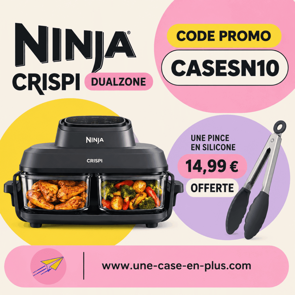 le code promo CASESN10 valable sur le ninja crispi dualzone sur une image avec la pince offerte. Seule offre actuellemnt dispo