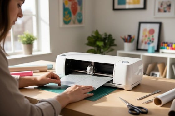 « Machine de découpe électronique posée sur un plan de travail, entourée de matériaux comme le papier cartonné et le vinyle, utilisée pour des projets de découpe créative à domicile.