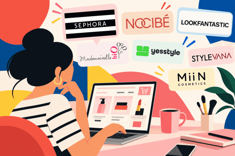 Comparatif des meilleurs sites pour acheter des cosmétiques en ligne, illustré par une femme comparant plusieurs boutiques beauté sur son ordinateur avant de commander : prix, choix de produits, promotions, livraison et expérience d’achat.