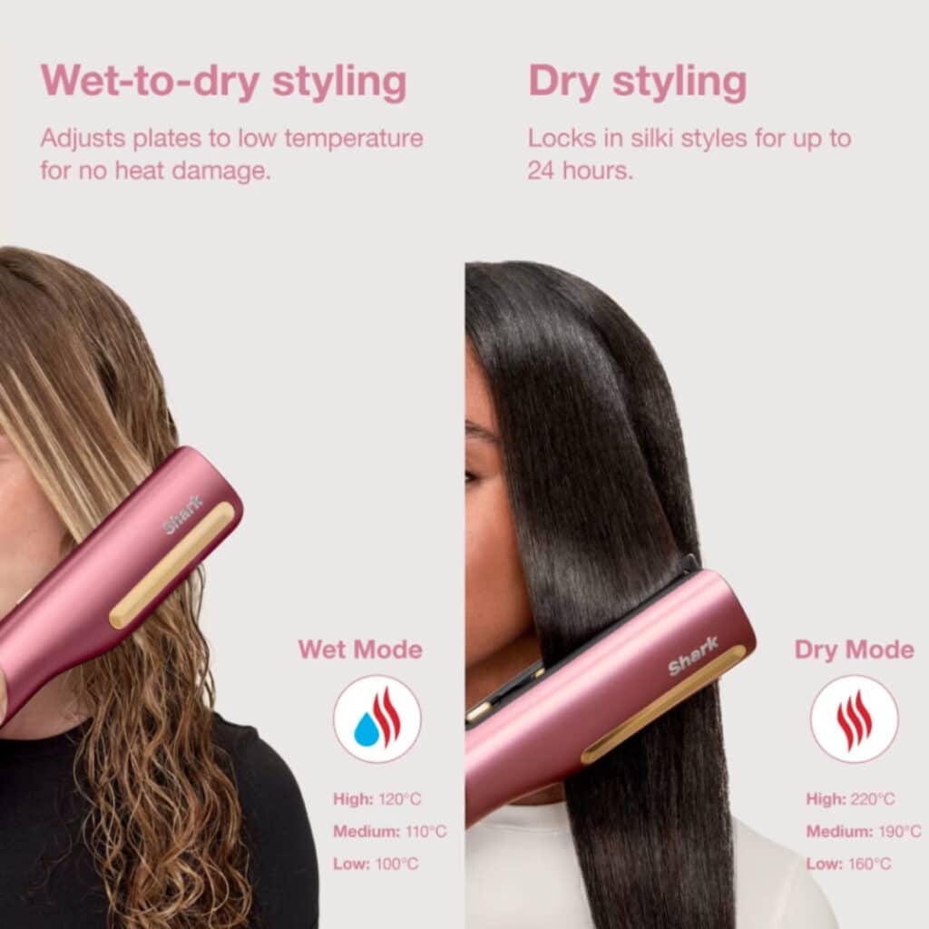 photo du Shark SilkiPro Straight tenu au-dessus d’une mèche humide pour illustrer le mode mouillé