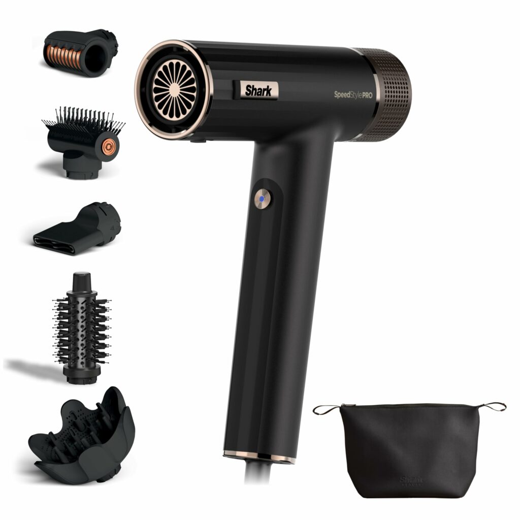 photo du sèche-cheveux Shark SpeedStyle Pro FLEX plié posé à plat sur une table pour illustrer ses dimensions