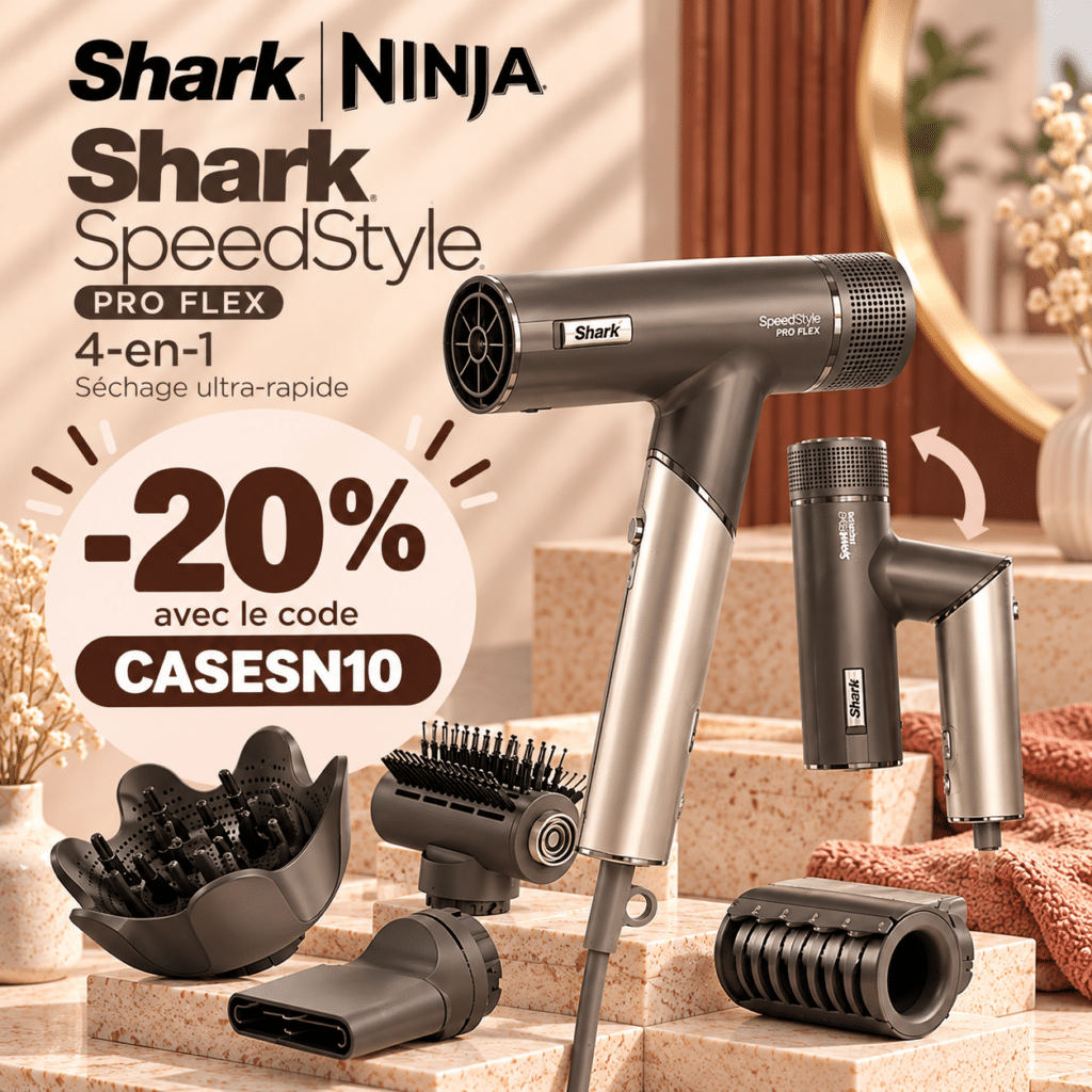 photo du Shark SpeedStyle Pro FLEX et de son guide posés sur ma commode pour illustrer son prix