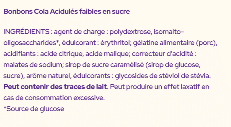 photo de la liste d’ingrédients au dos d’un sachet de bonbons ahead, pour illustrer le secret des recettes allégées.