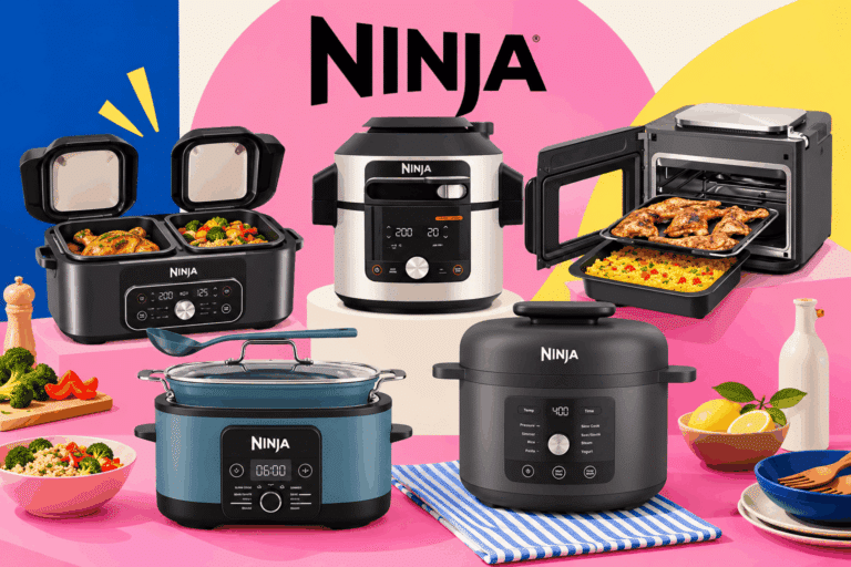 Photo des sept multicuiseurs et mijoteuses Ninja alignés pour illustrer le choix selon ce que vous cuisinez le plus.