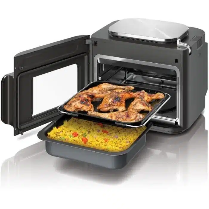 une photo du ninja combi avec 2 plats poulet et riz